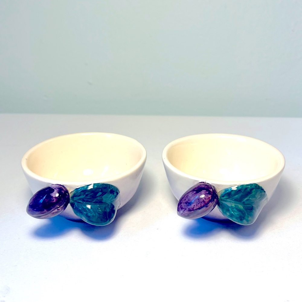 Ceramic Olive Oil Dipping Bowl,
Two, Purple, Green, Cream 3” wide 2” tall